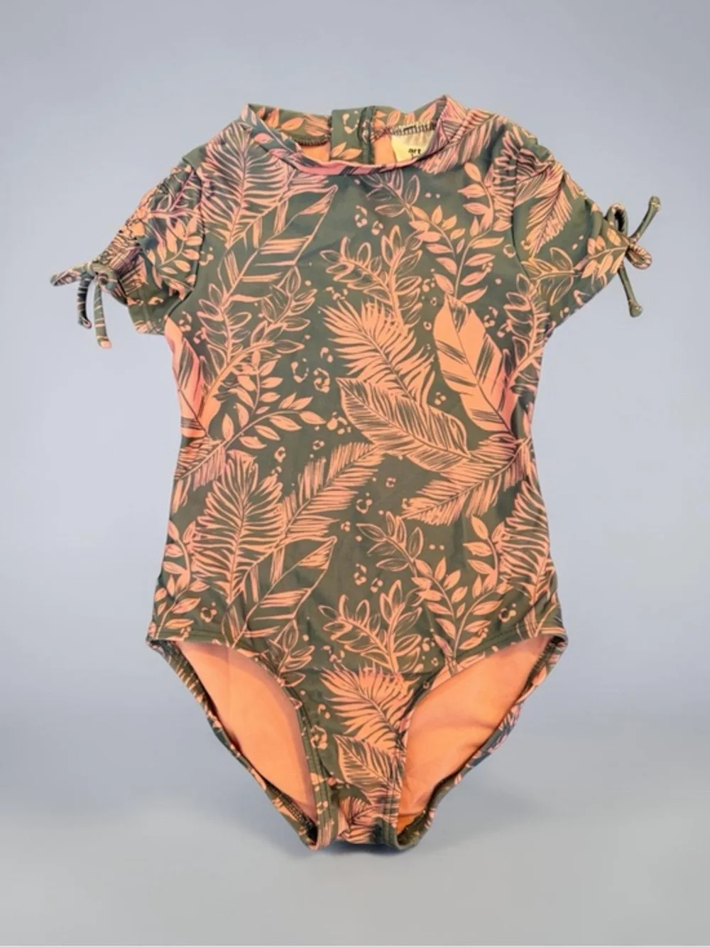 Art Class Summer Leaf-Print Short Sleeve One-Piece - Gray & Pink XS 4 5 Girls